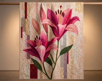 Pink Lily Garden Quilt Anleitung PDF - Florale Applikation Wandbehang 32 x 40 inches