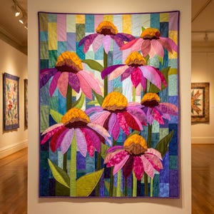 May include: A rectangular fabric wall hanging featuring a pieced quilt design of several coneflower blossoms. The flowers have bright yellow centres and layered pink and purple petals, set against a background of vertical blue and green strips.
