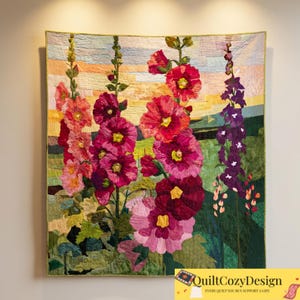 Quiltmuster „Hollyhock Garden“ (PDF) – Florale Applikation, A0-Vorlage (Digitaler Download)