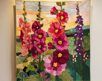 Modèle de courtepointe « Jardin de roses trémières » (PDF) – Gabarit d'appliqué floral A0 (Téléchargement numérique)