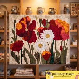 Könnte beinhalten: Ein quadratischer Wandbehang aus Stoff mit einem gesteppten Blumenmuster aus großen roten, orangefarbenen und weißen Blüten auf cremefarbenem Grund. Das Stück zeigt detaillierte Nähte, grüne Stängel und Blätter in einer lebendigen botanischen Komposition.