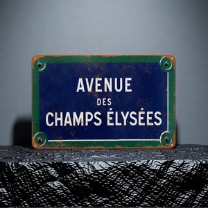 May include: A rectangular metal street sign with a dark blue center and a green border. The text reads AVENUE DES CHAMPS ÉLYSÉES in white capital letters. The sign features visible rust along the edges and four circular mounting holes at corners.