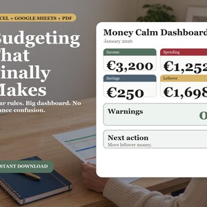 Könnte beinhalten: Eine digitale Money Calm Dashboard Tabellenvorlage für Excel und Google Sheets. Die Benutzeroberfläche zeigt Finanzdaten für Januar 2026, einschließlich Einnahmen, Ausgaben, Ersparnisse und Restbeträge in Euro sowie Warnungen und nächste Schritte.