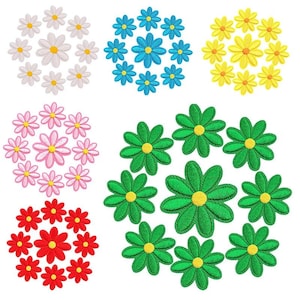 May include: A collection of embroidered flower patches arranged in six distinct colour groups. Each group features a larger central flower surrounded by smaller matching blossoms in white, blue, yellow, pink, red, and green, all with yellow centres.