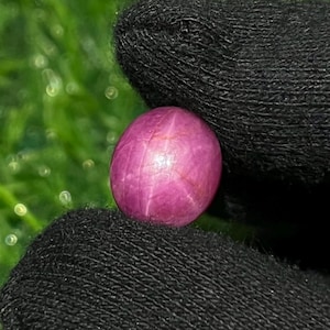 May include: A round, cabochon-cut star ruby gemstone with a vibrant magenta-pink hue. The stone displays a distinct six-rayed star effect, known as asterism, which radiates from the center of the polished, smooth, and domed surface of the gem.
