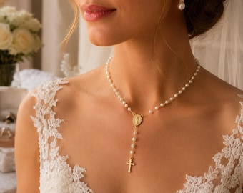 Rosenkranzkette aus Gold und Perlen, Anhänger mit Marienkreuz, zarte Y-förmige Halskette, spirituelles Geschenk für sie, zarter Schmuck zum Kombinieren