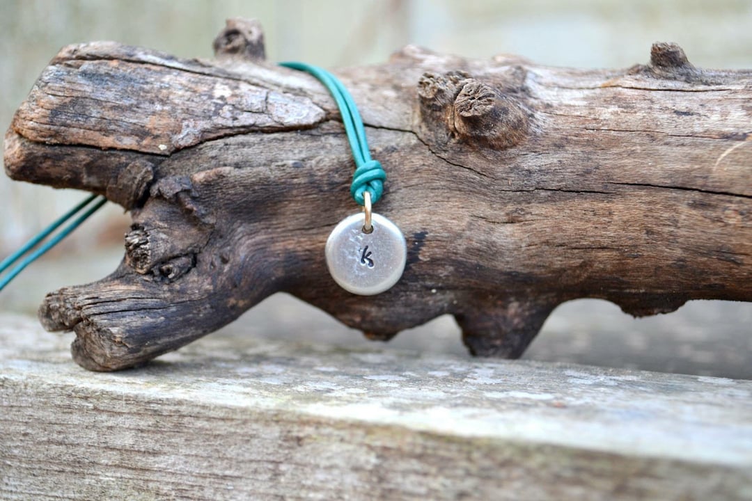 Pewter Pebble Pendant on Leather Cord Necklace - Stamped Initial ...