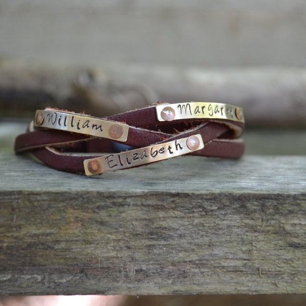 Personalized Braided Leather Bracelet with Hand-Stamped Metal Tags - (Please read description)