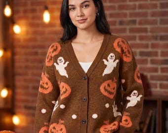 Cárdigan de Halloween con diseño de calabaza fantasma, jersey de punto extragrande con estampado de calabaza de Halloween para la temporada de Halloween.