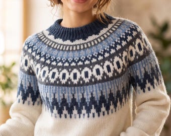 Jersey Fair Isle para mujer, jersey geométrico azul crema con canesú, jersey de punto Cabin Core.