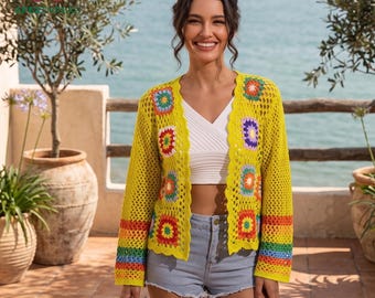 Cárdigan cuadrado amarillo de ganchillo hecho a mano estilo abuela, chaqueta bohemia para festivales, abrigo largo de ganchillo para verano.