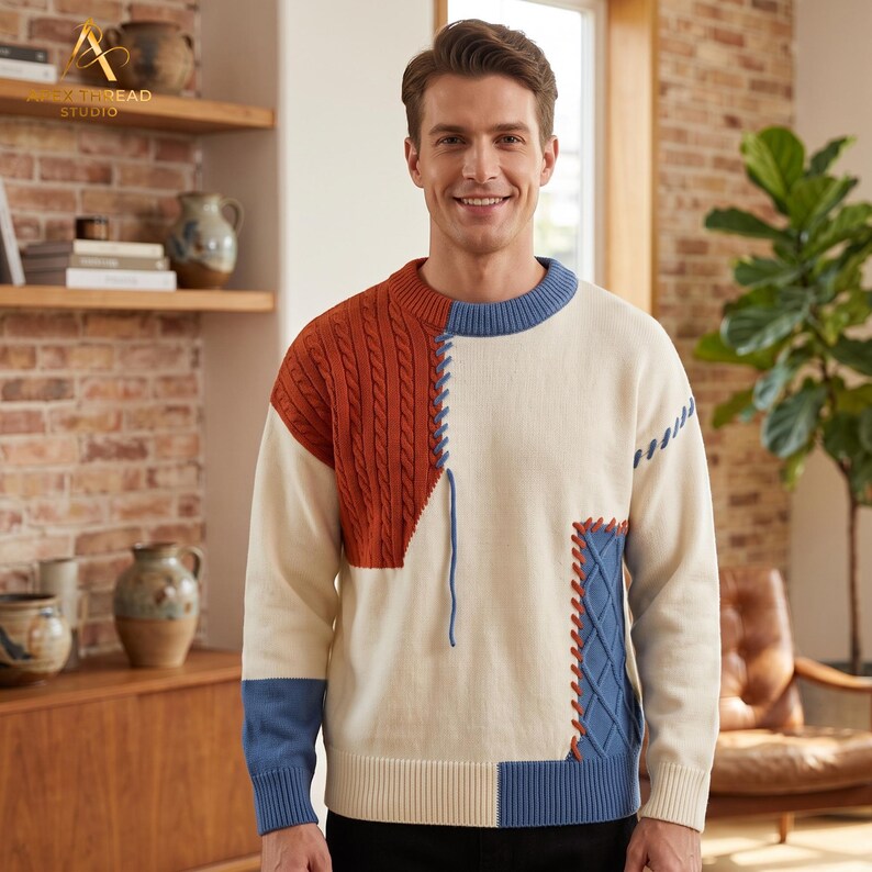 May include: A long-sleeve crewneck sweater featuring a color-blocked design in cream, rust orange, and blue. The sweater incorporates cable knit panels, ribbed cuffs, and a ribbed hem, with decorative blue and orange stitching details across the front.