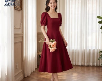 Vestido midi burdeos con escote cuadrado, vestido de corte A con mangas abullonadas, vestido de invitada de boda de estilo vintage francés