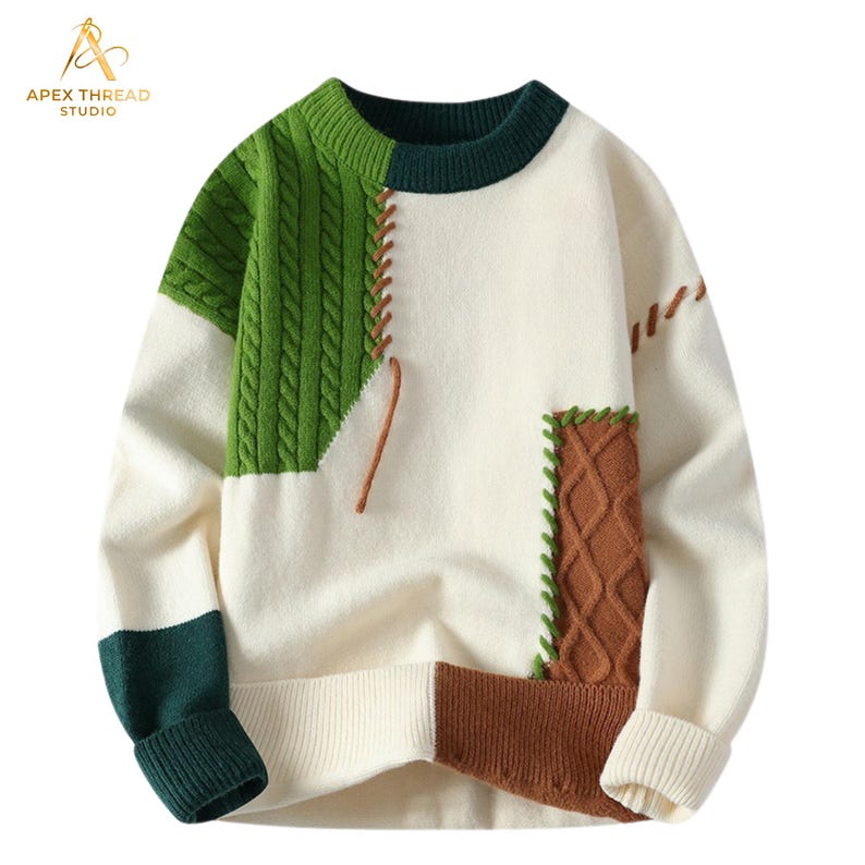 May include: A long-sleeve crewneck sweater featuring a color-blocked design in cream, forest green, and brown. The garment includes textured cable knit panels, decorative whipstitch detailing in brown and green thread, and ribbed cuffs.