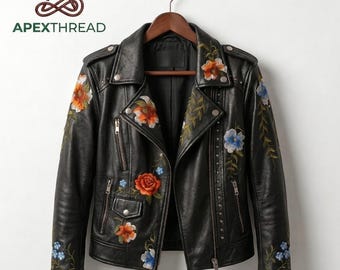 Chaqueta de cuero estilo motero con bordados florales, abrigo de estilo urbano vintage para mujer.
