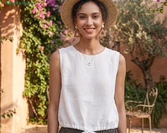 Camiseta sin mangas de lino blanco, blusa sin mangas con dobladillo ajustable con cordón, camisa de verano estilo playero para abuelas en la costa.