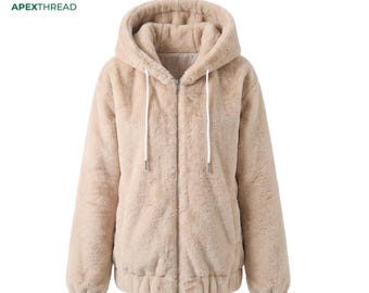 Chaqueta beige con capucha de piel sintética, abrigo de peluche con cremallera, abrigo cálido para invierno.