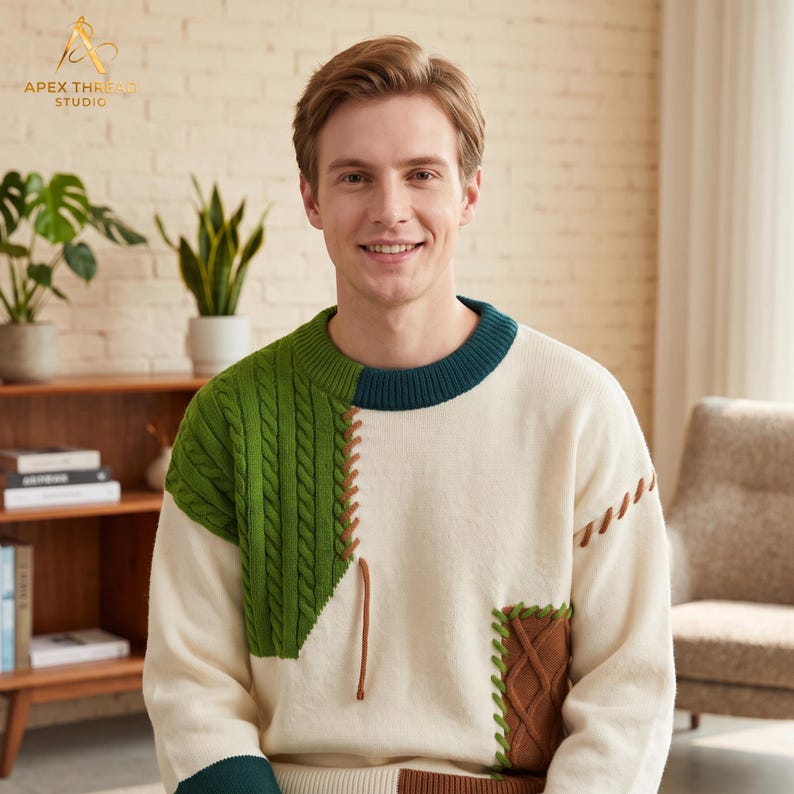 May include: A long-sleeve crewneck sweater featuring a cream-colored base with a dark teal collar. The garment includes a green cable-knit panel on the right chest, a brown cable-knit patch on the lower left, and decorative brown stitching accents.