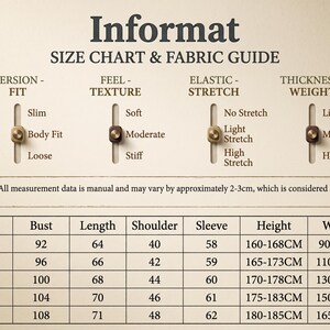 May include: A beige size chart and fabric guide titled Informat, featuring four vertical sliders for fit, texture, stretch, and weight. Below, a table lists sizes M through 3XL with corresponding measurements for bust, length, shoulder, and sleeve.