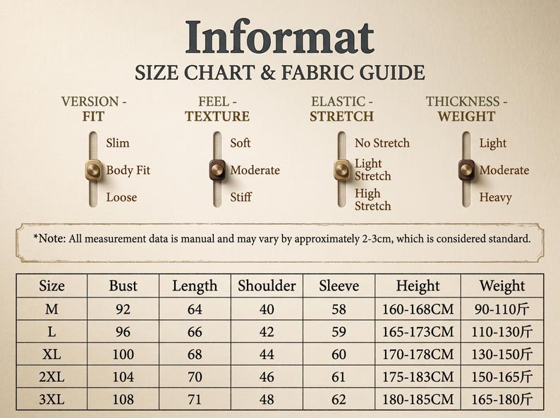 May include: A beige size chart and fabric guide titled Informat, featuring four vertical sliders for fit, texture, stretch, and weight. Below, a table lists sizes M through 3XL with corresponding measurements for bust, length, shoulder, and sleeve.