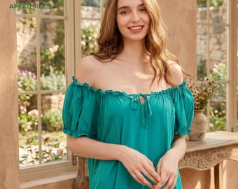 Vestido midi de lino verde azulado, vestido veraniego con mangas abullonadas y hombros descubiertos, vestido casual para mujer.