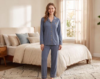 Conjunto de pijama de lino azul pizarra para hombre / Ropa de estar por casa de algodón de lujo con ribete dorado