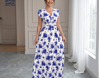 Vestido largo azul con estampado floral, vestido de manga corta con escote en V fruncido, vestido de verano para invitada a boda, vestido de playa, elegante para fiestas en el jardín, opciones para embarazadas.