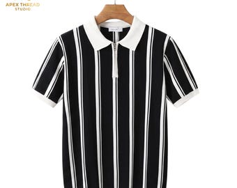 Polo de punto a rayas negras, estilo retro con cremallera hasta el cuello, Old Money Menswear
