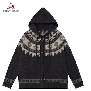 Nordic vest met capuchon, vintage Fair Isle Toggle-jack, retro streetwear gebreide bovenkleding