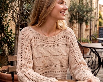 Jersey de punto calado beige con trenzas – Estilo bohemio holgado para la playa