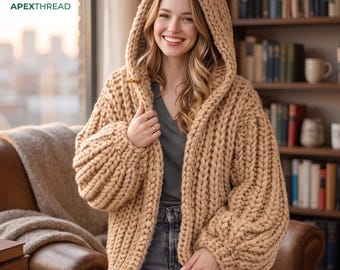Cárdigan con capucha extragrande de punto grueso hecho a mano, jersey de punto trenzado beige acogedor, gabardina holgada