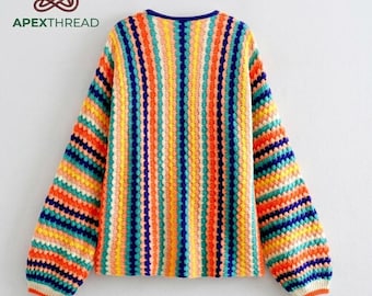 Cárdigan abierto con rayas arcoíris hecho a mano, jersey de punto colorido con mangas abullonadas, abrigo largo estilo boho para festivales.