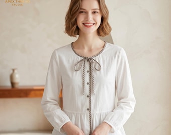 Blusa peplum blanca de cuadros vichy con lazo, top de manga larga estilo Cottagecore Coquette
