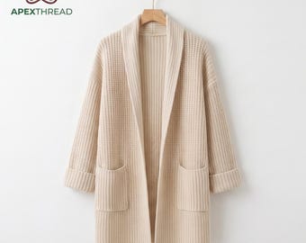 Chunky Cream Cardigan Sweater, Oversized Open Front Pocket Jumper, Soft Minimalist Knitwear Duster Coat