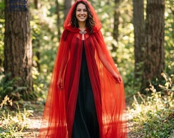 Capa roja con capucha, capa renacentista de tul transparente, disfraz de hada para bodas de fantasía y Halloween.