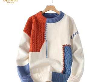 Jersey de punto trenzado con retazos, jersey de bloques de color con costuras en contraste, jersey de cuello redondo estilo Y2K, prenda de punto cálida y acogedora.