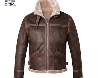 Mens Brown Shearling Bomber Jacket, Vintage B3 Aviator Coat, Warm Winter Flight Jacket