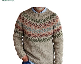 Vintage Fair Isle Sweater, Nordic Floral Yoke Pullover, Cottage core Knitwear, Rustic Wool Jumper