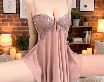 Plus Size Lace Babydoll Lingerie Set, Underwire Push-Up Slip Dress, Backless Nightgown