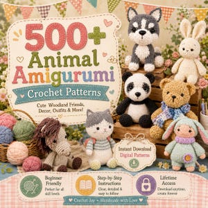 Puede incluir: Una colección digital de 500+ patrones de ganchillo Amigurumi de animales con varios peluches hechos a mano, incluyendo un husky, conejo, panda, oso, caballo, gato y conejito. El documento incluye texto, iconos y ovillos de lana.