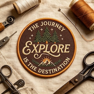 May include: A circular embroidered patch with a dark brown background and a gold border. It features green pine trees, a sun rising over a mountain, and the text "THE JOURNEY EXPLORE IS THE DESTINATION" in cream-colored, stylized lettering.