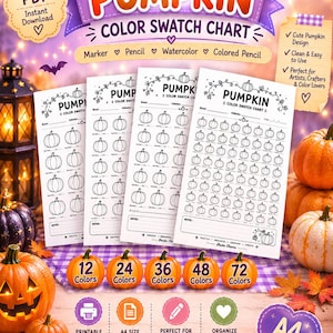 Può includere: Una tabella colori a forma di zucca in formato PDF stampabile, composta da tre fogli bianchi con file di contorni di zucca per organizzare i materiali artistici. Il design include etichette per pennarelli, matite e acquerelli, oltre al formato A4.