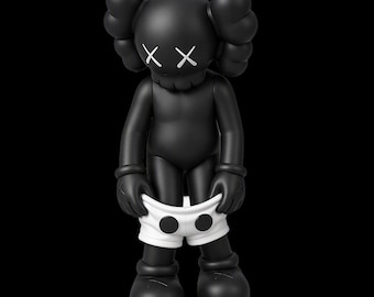 May include: A matte black collectible figure with a rounded head, prominent ears, and X-shaped eyes. The figure has a downward-facing posture and is wearing white shorts featuring two large black circular spots on the front, held by its hands.