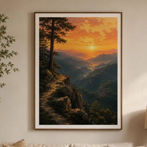 Mountain Sunset Landscape Print, Cliff View Wall Art, Nature Cabin Decor (Digital Download)