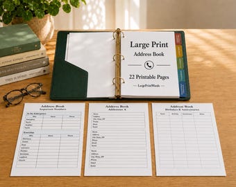 Large Print Address Book Printable | Contact & Phone Book for Seniors | A to Z Tabs, Birthdays, Important Numbers | 22 Pages Download