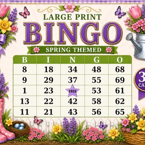 Op de afbeelding: Een set bingokaarten met grote letters in lentethema met 30 kaarten. Het ontwerp bevat paarse tekst, kleurrijke tulpen, lavendel, narcissen, een metalen gieter, roze regenlaarzen met stippen, vlinders en een witte schutting als achtergrond.
