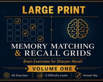 Cuadrículas de memoria y recuerdo con letra grande / Libro de ejercicios cerebrales imprimible de 100 páginas para personas mayores / 46 actividades, 5 niveles / Descarga instantánea