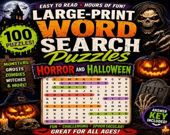 May include: A large-print word search puzzle book cover featuring a horror and Halloween theme. The design includes a grim reaper, a jack-o'-lantern, a tombstone, and a haunted house. The text reads 100 Puzzles, Horror and Halloween, and Answer Key Included.