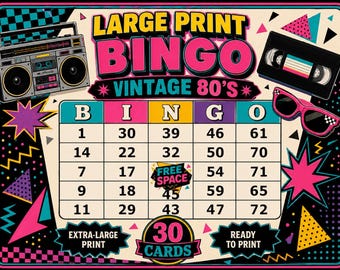 Bingo vintage de los 80 con letra grande, 30 cartones imprimibles / Descarga instantánea en PDF