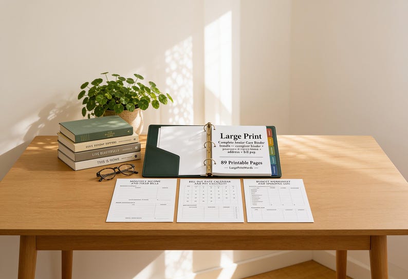 May include: A dark green three-ring binder containing white pages with the text Large Print Complete Senior Care Binder, 89 Printable Pages. Three separate white printed worksheets are laid out in front of the open binder on a wooden surface.